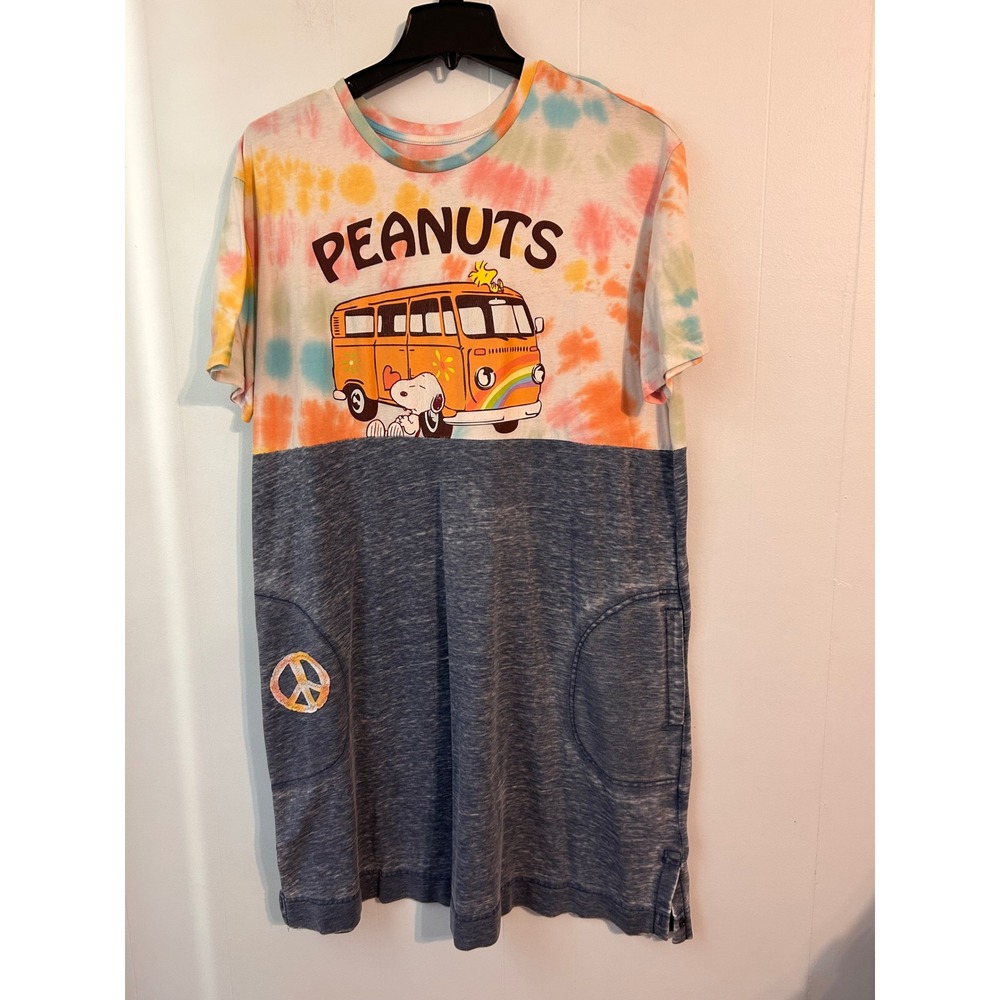 Peanuts Snoopy Woodstock Tie Dye T-Shirt Dress up cycled Pockets Size 2x